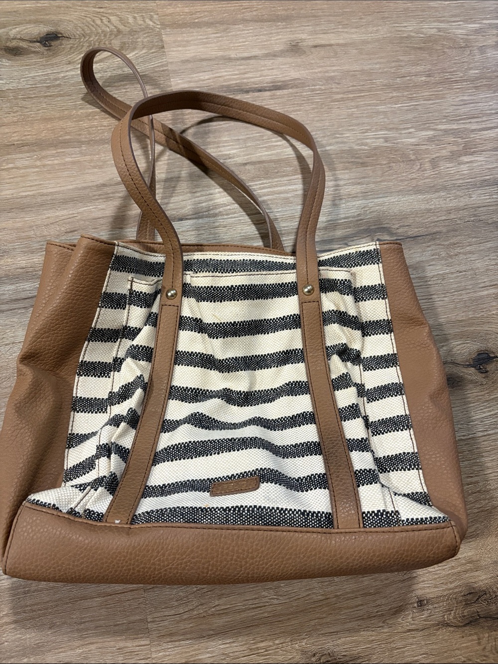 Striped Canvas & Tan Leather Tote Bag